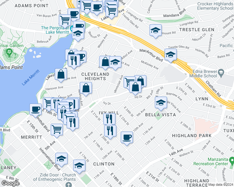 map of restaurants, bars, coffee shops, grocery stores, and more near 2348 Park Boulevard in Oakland