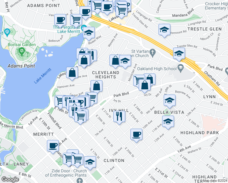 map of restaurants, bars, coffee shops, grocery stores, and more near in Oakland
