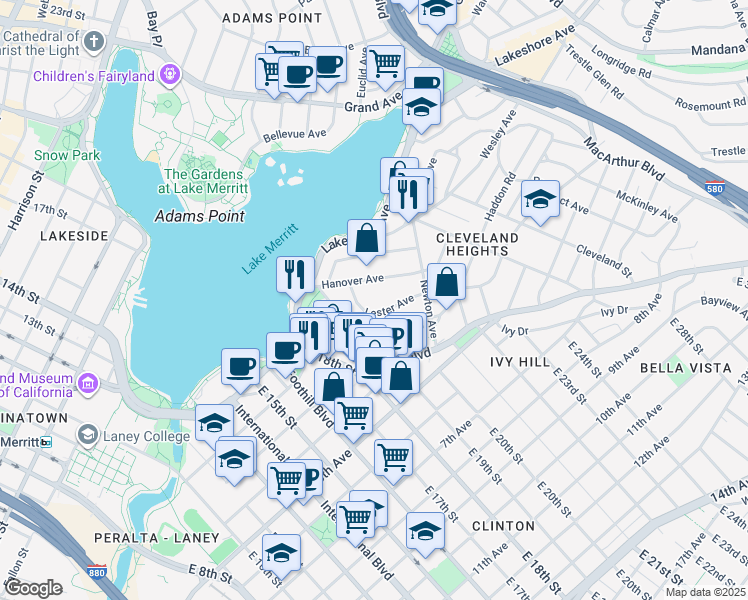map of restaurants, bars, coffee shops, grocery stores, and more near 252 Acton Place in Oakland