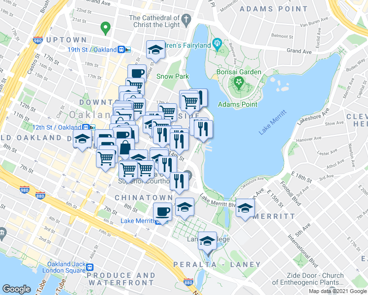 map of restaurants, bars, coffee shops, grocery stores, and more near 126 14th Street in Oakland