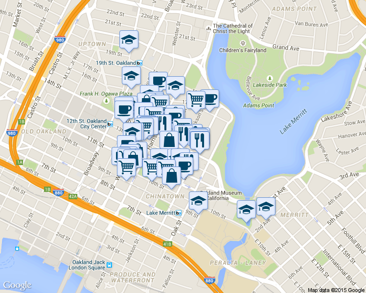 map of restaurants, bars, coffee shops, grocery stores, and more near 184 13th Street in Oakland