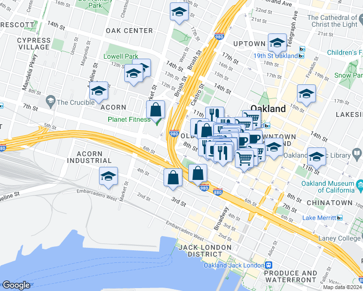 map of restaurants, bars, coffee shops, grocery stores, and more near 635 8th Street in Oakland