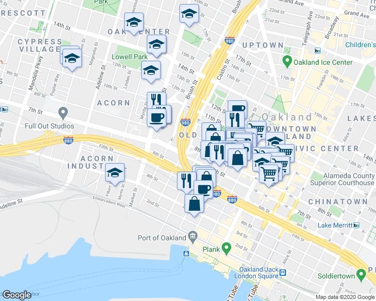 map of restaurants, bars, coffee shops, grocery stores, and more near in Oakland