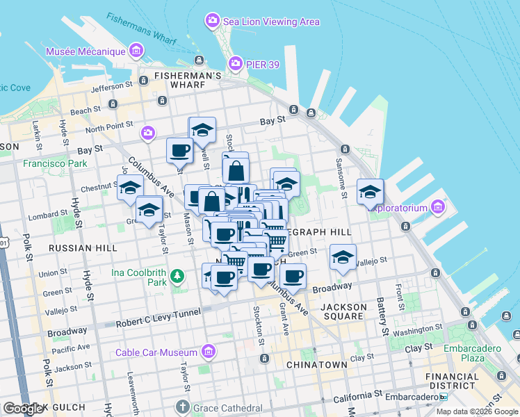 map of restaurants, bars, coffee shops, grocery stores, and more near in San Francisco