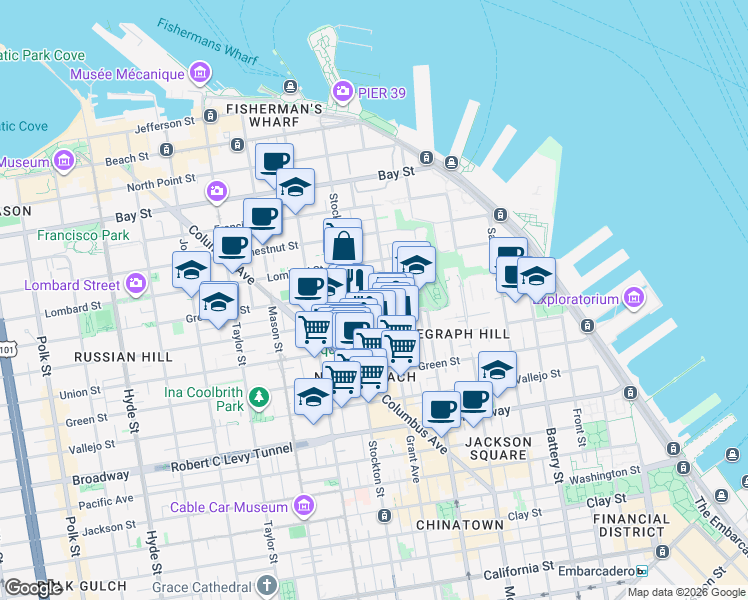 map of restaurants, bars, coffee shops, grocery stores, and more near in San Francisco