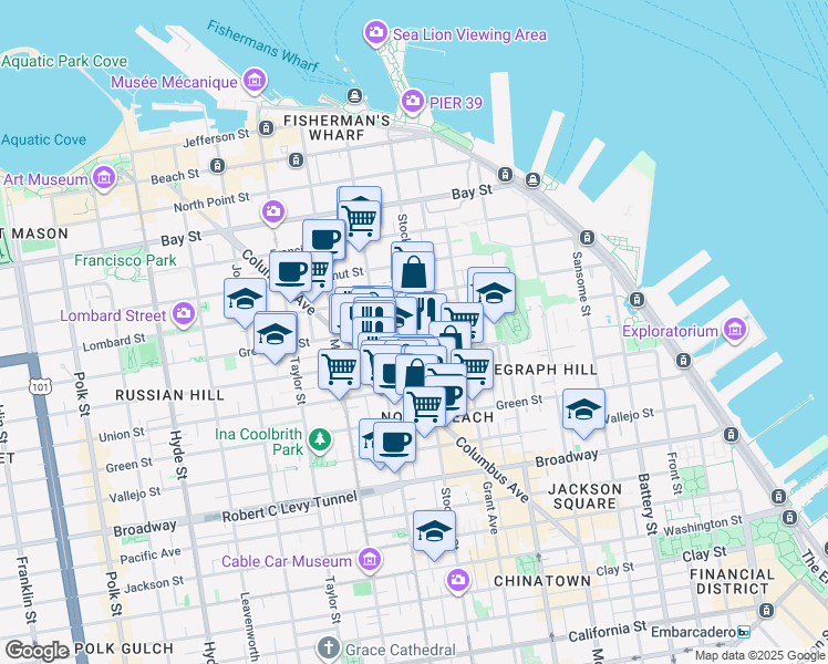 map of restaurants, bars, coffee shops, grocery stores, and more near 1815 Powell Street in San Francisco