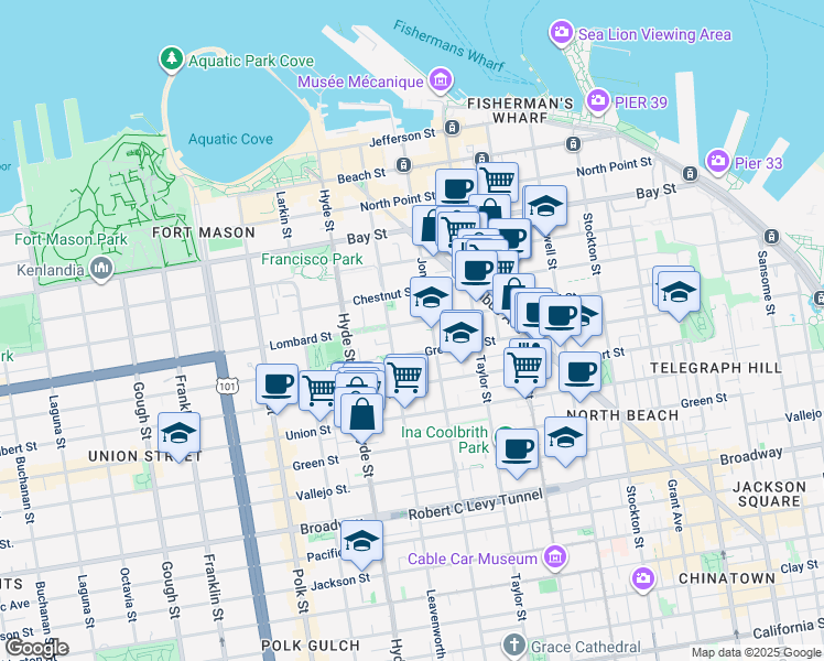 map of restaurants, bars, coffee shops, grocery stores, and more near 1020 Greenwich Street in San Francisco