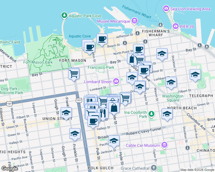 map of restaurants, bars, coffee shops, grocery stores, and more near in San Francisco