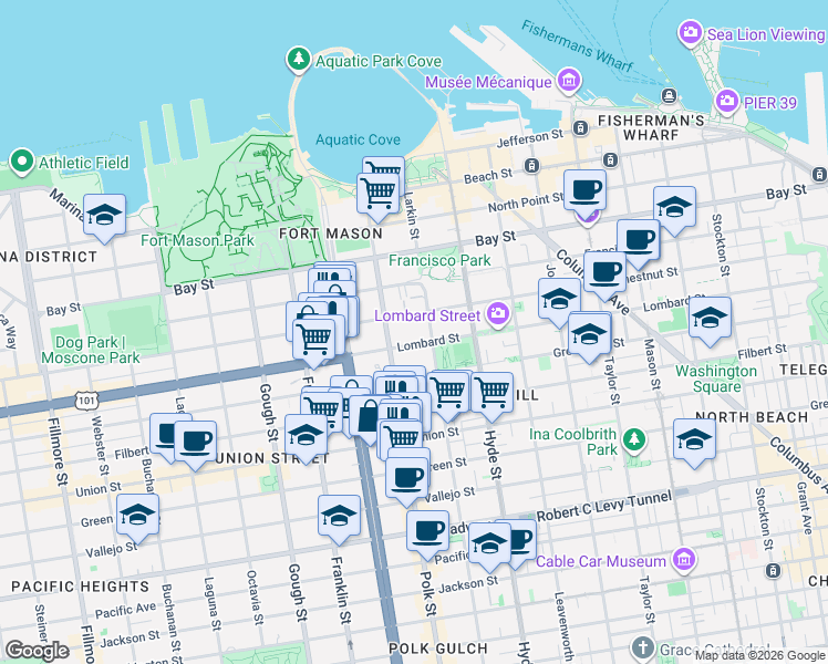 map of restaurants, bars, coffee shops, grocery stores, and more near 1271 Lombard Street in San Francisco