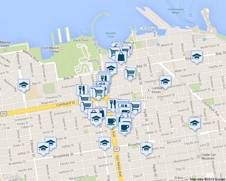map of restaurants, bars, coffee shops, grocery stores, and more near 2800 Van Ness Avenue in San Francisco
