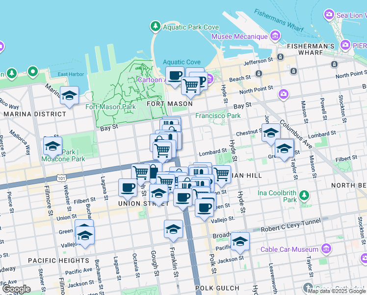 map of restaurants, bars, coffee shops, grocery stores, and more near 2800 Van Ness Avenue in San Francisco
