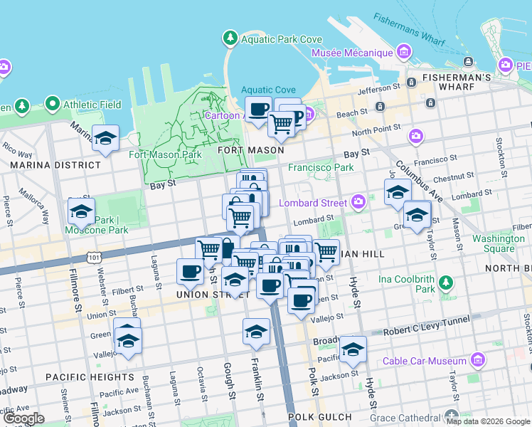 map of restaurants, bars, coffee shops, grocery stores, and more near 2800 Van Ness Avenue in San Francisco