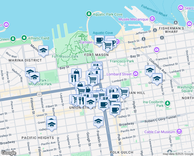 map of restaurants, bars, coffee shops, grocery stores, and more near 1450 Lombard Street in San Francisco