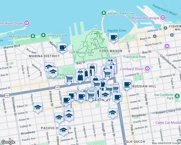 map of restaurants, bars, coffee shops, grocery stores, and more near 1525 Chestnut Street in San Francisco