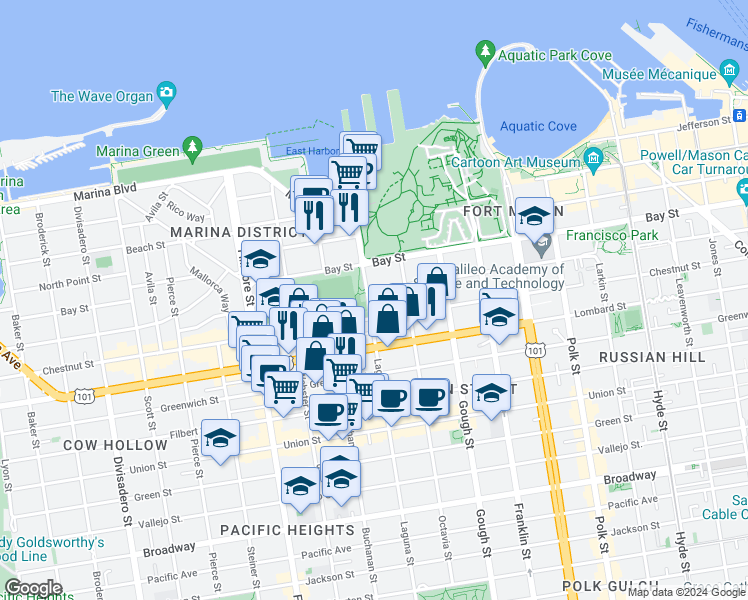 map of restaurants, bars, coffee shops, grocery stores, and more near 3255 Laguna Street in San Francisco