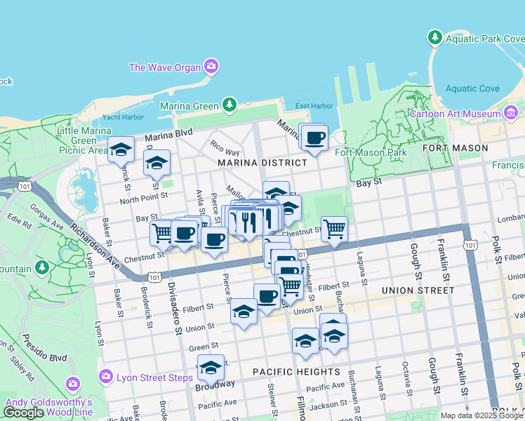 map of restaurants, bars, coffee shops, grocery stores, and more near in San Francisco