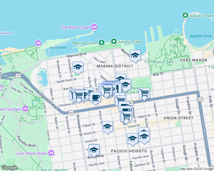 map of restaurants, bars, coffee shops, grocery stores, and more near in San Francisco