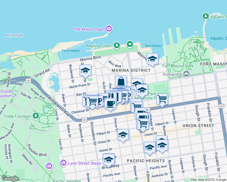 map of restaurants, bars, coffee shops, grocery stores, and more near 175 Alhambra Street in San Francisco