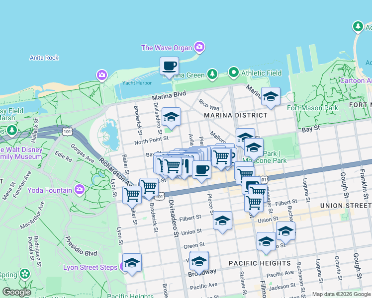 map of restaurants, bars, coffee shops, grocery stores, and more near 3425 Scott Street in San Francisco