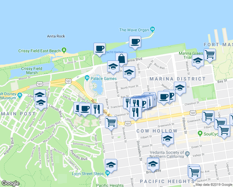 map of restaurants, bars, coffee shops, grocery stores, and more near 2301 Bay Street in San Francisco