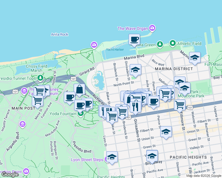 map of restaurants, bars, coffee shops, grocery stores, and more near 3300 Baker Street in San Francisco