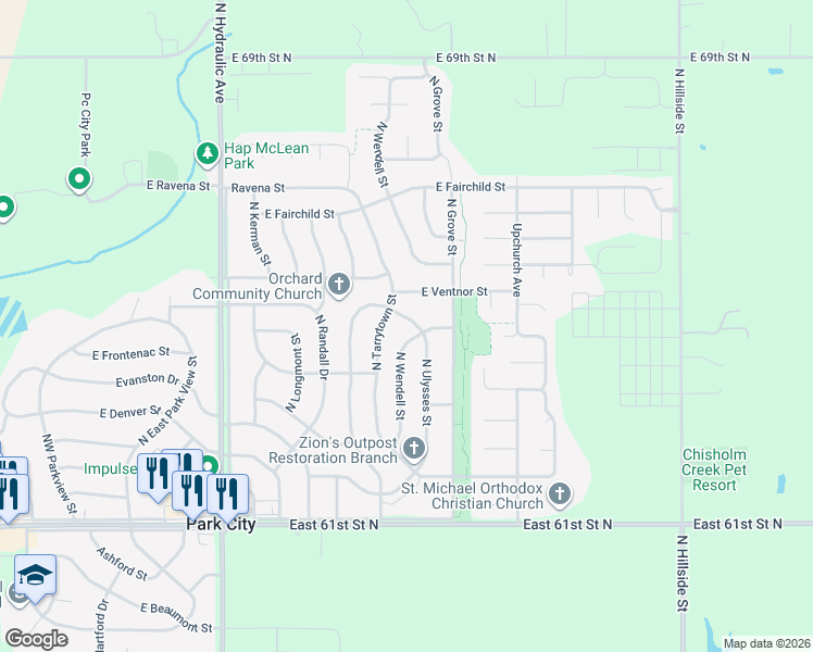 map of restaurants, bars, coffee shops, grocery stores, and more near 6524 N Wendell St in Park City