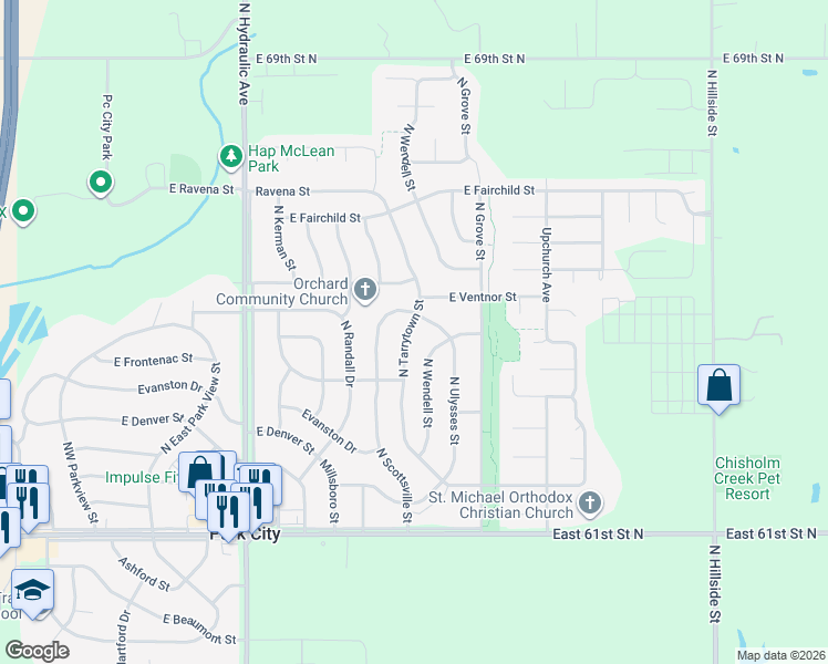 map of restaurants, bars, coffee shops, grocery stores, and more near 6524 North Tarrytown Street in Park City
