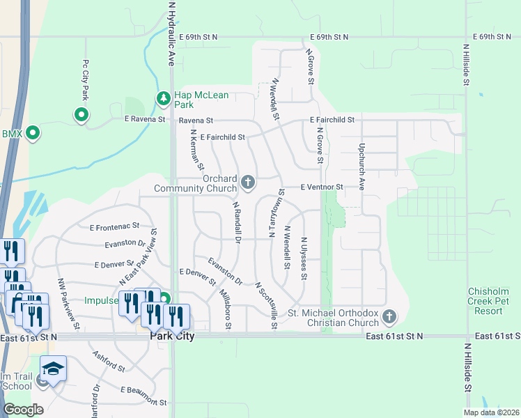 map of restaurants, bars, coffee shops, grocery stores, and more near 6525 North Scottsville Street in Park City