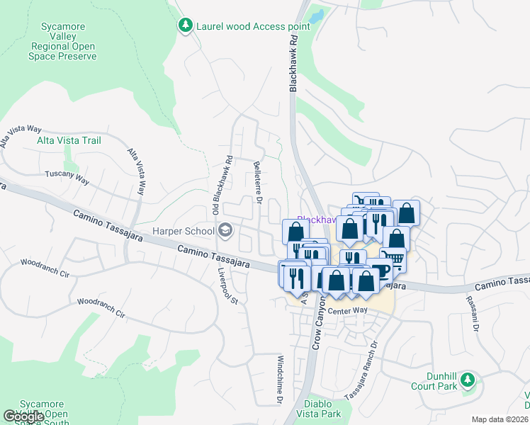 map of restaurants, bars, coffee shops, grocery stores, and more near 200 Promenade Lane in Danville