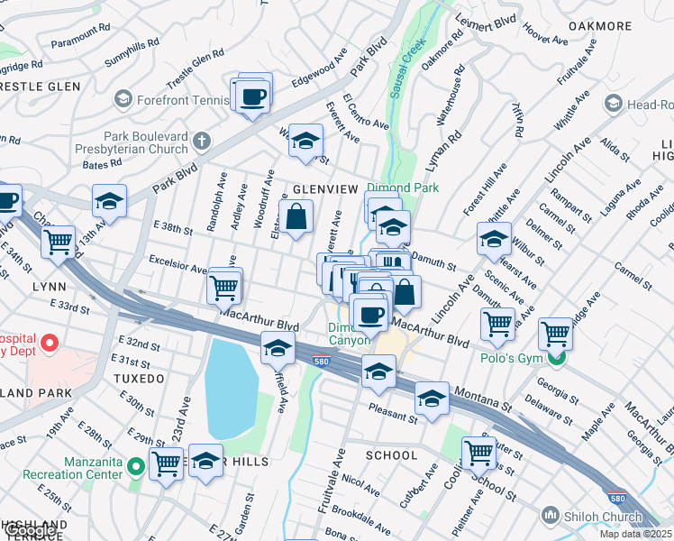 map of restaurants, bars, coffee shops, grocery stores, and more near 3765 Canon Avenue in Oakland