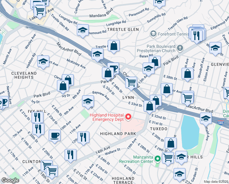 map of restaurants, bars, coffee shops, grocery stores, and more near 1116 East 33rd Street in Oakland