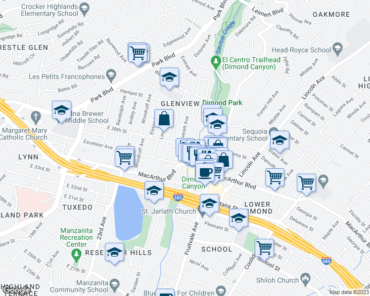 map of restaurants, bars, coffee shops, grocery stores, and more near 3765 Canon Avenue in Oakland