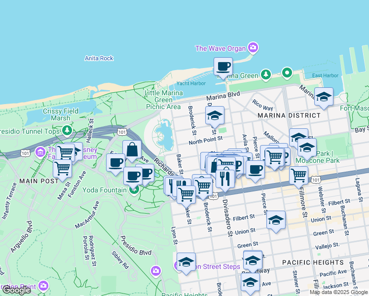 map of restaurants, bars, coffee shops, grocery stores, and more near 3300 Baker Street in San Francisco