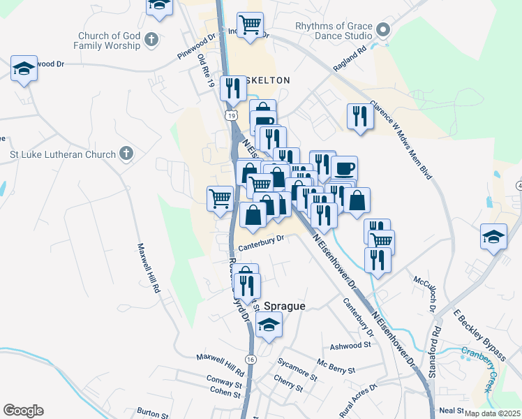 map of restaurants, bars, coffee shops, grocery stores, and more near 133 Beckley Crossing Shopping Center in Beckley
