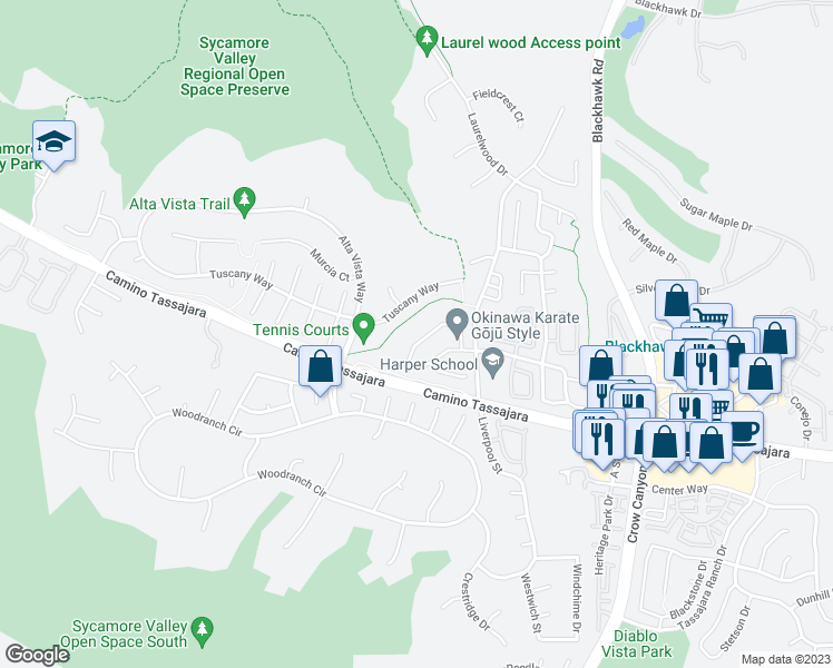 map of restaurants, bars, coffee shops, grocery stores, and more near 218 Monte Carlo Way in Danville