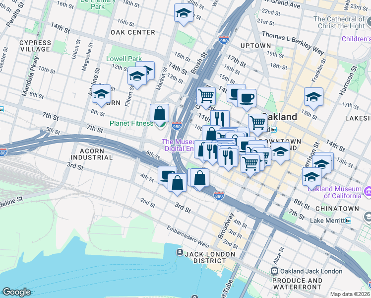 map of restaurants, bars, coffee shops, grocery stores, and more near 635 8th Street in Oakland
