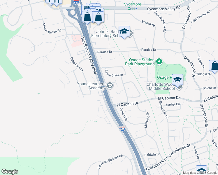 map of restaurants, bars, coffee shops, grocery stores, and more near 73 Glen Valley Circle in Danville