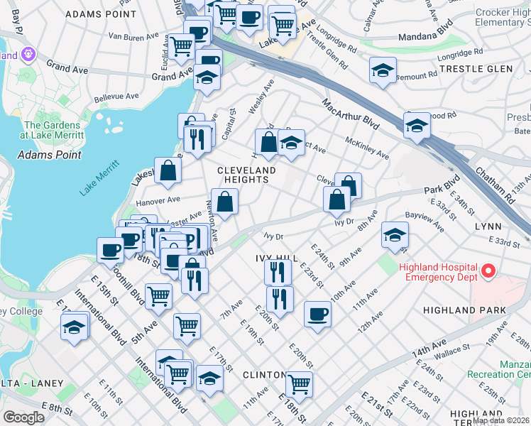 map of restaurants, bars, coffee shops, grocery stores, and more near 421 Van Dyke Avenue in Oakland