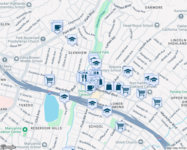 map of restaurants, bars, coffee shops, grocery stores, and more near 3600 Dimond Avenue in Oakland