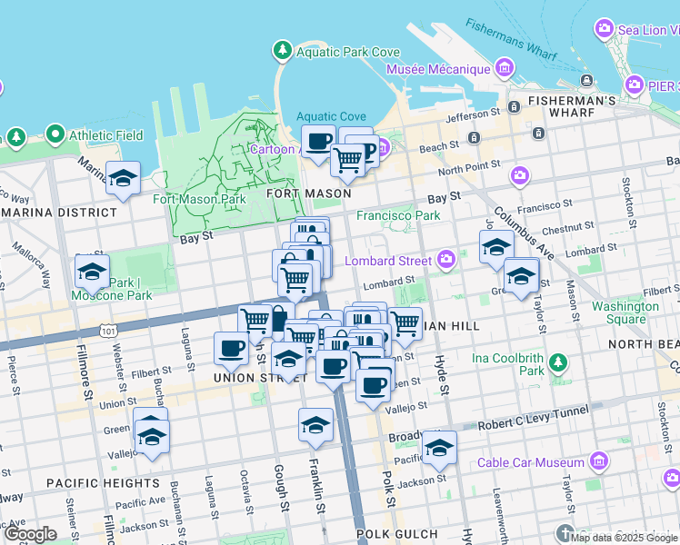 map of restaurants, bars, coffee shops, grocery stores, and more near 2800 Van Ness Avenue in San Francisco