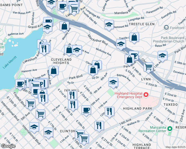 map of restaurants, bars, coffee shops, grocery stores, and more near 2558 Ivy Drive in Oakland