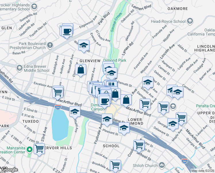 map of restaurants, bars, coffee shops, grocery stores, and more near 3541 Dimond Avenue in Oakland