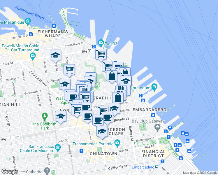 map of restaurants, bars, coffee shops, grocery stores, and more near 226 Filbert Street in San Francisco