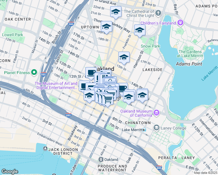 map of restaurants, bars, coffee shops, grocery stores, and more near in Oakland