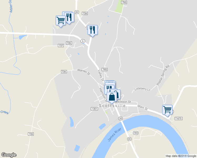 map of restaurants, bars, coffee shops, grocery stores, and more near 220 Warren St in Scottsville