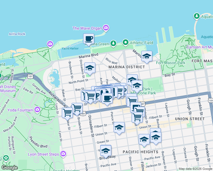 map of restaurants, bars, coffee shops, grocery stores, and more near 3445 Pierce Street in San Francisco
