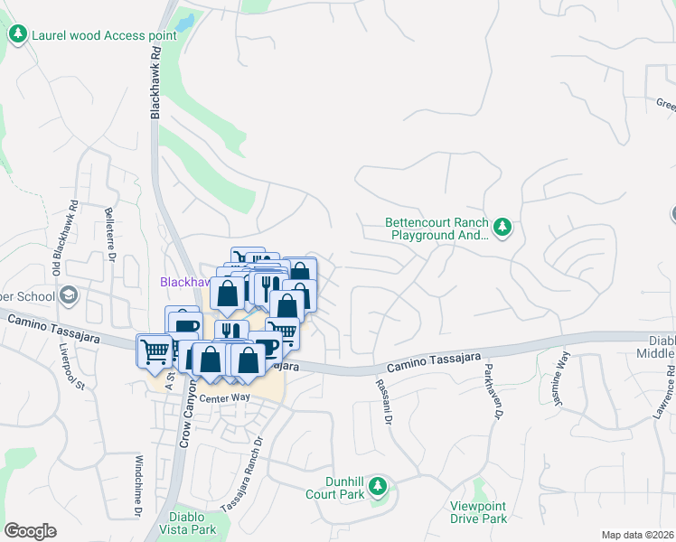 map of restaurants, bars, coffee shops, grocery stores, and more near 3870 Sheffield Circle in Danville