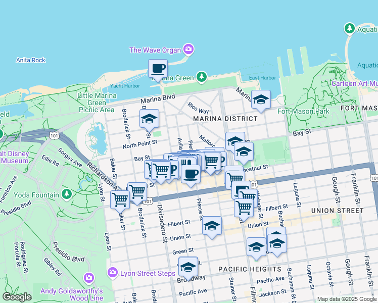 map of restaurants, bars, coffee shops, grocery stores, and more near 3445 Pierce Street in San Francisco