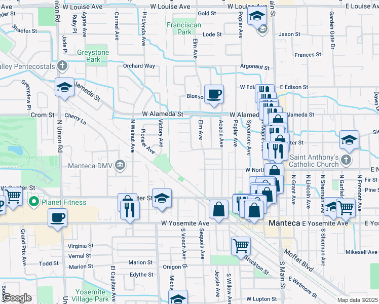 map of restaurants, bars, coffee shops, grocery stores, and more near 245 Elm Avenue in Manteca
