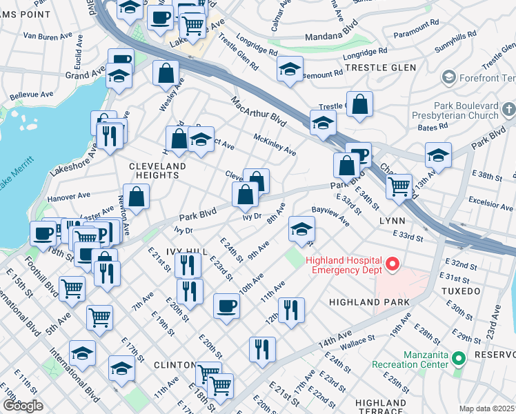 map of restaurants, bars, coffee shops, grocery stores, and more near 2558 Ivy Drive in Oakland
